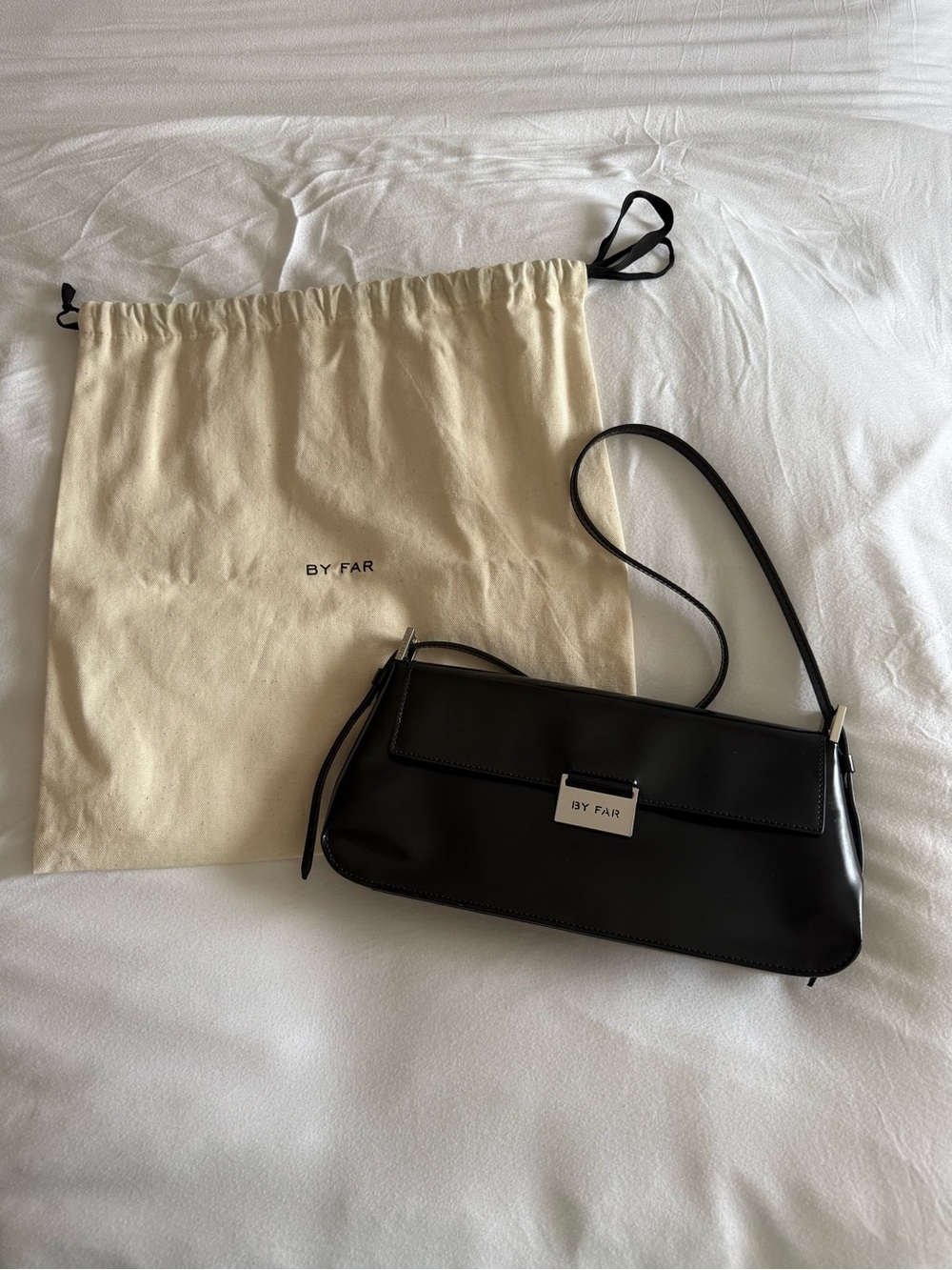 BY FAR Black Leather Shoulder Pouch with Silver Plate - The “Matilda” Bag